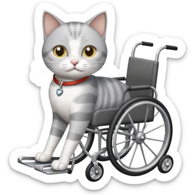 grey and white cat in a wheelchair designed for cats to walk sticker