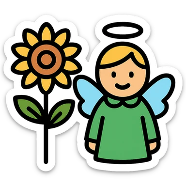icon of a sunflower and an angel, colorful, lineal color icon style sticker