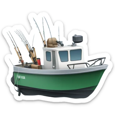 A little aluminium fishing boat with an outboard motor and lots of fishing rods on the sea sticker