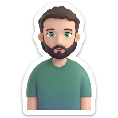 man with dark messy short hair, dark green eyes, gray T-shirt, and short beard sticker