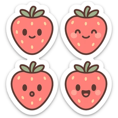 A series of illustrations stawberry in a kawaii emoji style, with detailed shading and highlights, thin clean outlines, soft and rounded features. Pastel color palette using  #FF5B5B, #CE4C4C,#CE4C4CThe style is inspired by modern Japanese pop art and sticker aesthetics. Highly detailed, vector clarity, soft lighting and subtle shadows. Transparent background without background. sticker