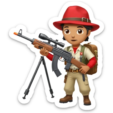 Yodeling mountain climber in Switzerland with a machine gun pointing to the right, full body. in the style of your bleeding skull art make him look like the price is right game sticker