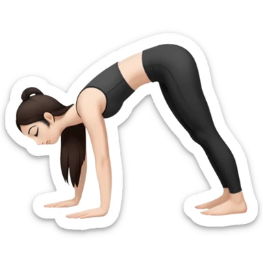 Девушка белокожая с правильными пропорциями тела стоит в позе собака мордой вниз, только человек, с длинными темными волосами, в коротком белом топе, в черных лосинах, с черными ресницами sticker