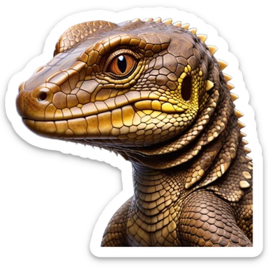 Cinematic Noble brown camo monitor Lizard Portrait Emoji, Poised and regal, with a robust, scaled body exhibiting striking, mottled patterns and piercing, alert eyes, Simplified yet sharp and sophisticated features, highly detailed, glowing with a soft, earthy glow, high shine, intelligent and formidable, stylized with an air of ancient wilderness, focused and commanding, soft glowing outline, capturing the essence of a watchful and confident reptilian guardian that appears ready to stride out of the screen with effortless authority! sticker