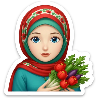 Turkish beautiful finish Konya girl blue eyes with poppy floral hijab and green red dress and she had on her hand vegetables  sticker