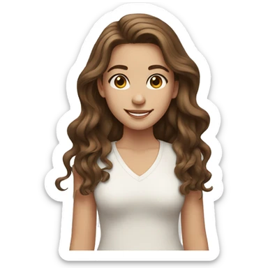 a white girl with brown wavy long hair, brown eyes and smiling  sticker
