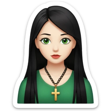 Girl, long black straight hair, green eyes, plump lips, cross necklace  sticker