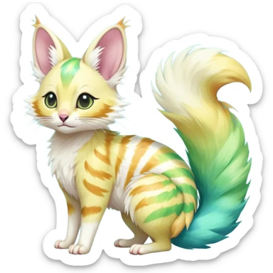  cute adorable yellow-green-turquoise-gradients albino fur with random colorful iridescent rainbow markings beautiful elegant pretty precious cute  Fakémon-Pokémon-opossum-feline-serval-caracal-chinchilla-Minccino-hybrid-creature with a big fluffy bushy striped tail (full body) sticker