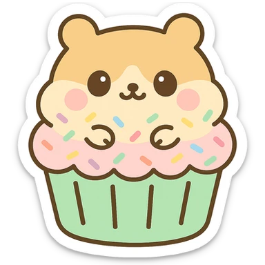 Add pastel sprinkles to the cream topping of the kawaii hamster cupcake, keeping the flat pastel style, chubby face, and transparent background. sticker