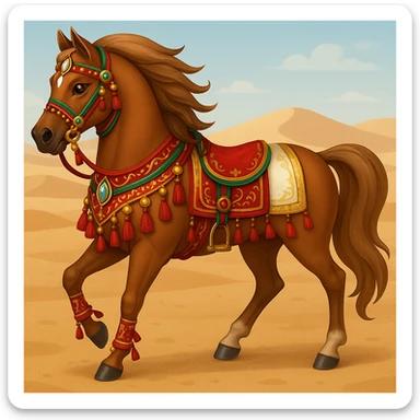 Add traditional Arabian tack and ornate decorations to the Saudi Arabian horse in emoji style, keeping the desert background as is. sticker