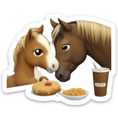 Little brown pony eating with a cat sticker
