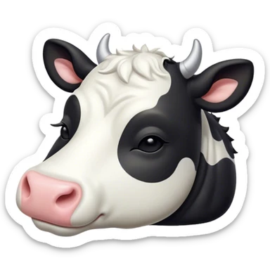 Meme-Worthy Cute Sleeping Black and White Cow Portrait Emoji, Head resting peacefully with a contented smile, showcasing a robust build and a luxuriously soft contrasting coat of black and white, eyes shut in a serene, restful nap, Simplified yet hilariously adorable features, highly detailed, glowing with a soft, drowsy light, high shine, relaxed and utterly lovable, stylized with an air of playful laziness, bright and heartwarming, soft glowing outline, capturing the essence of a comically sleepy cow, so meme-worthy it feels like it could instantly become the next viral sensation of adorable slumber! sticker