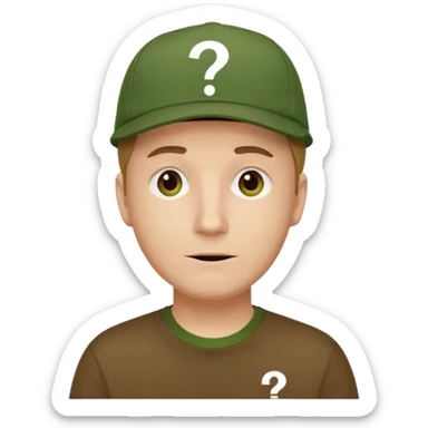 white fat man with brown cap and green t shirt printeed a question mark sticker