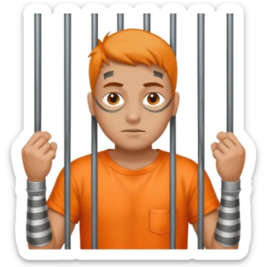 prisoner with orange shirt, metal bars in front of him and he touches the bars sticker