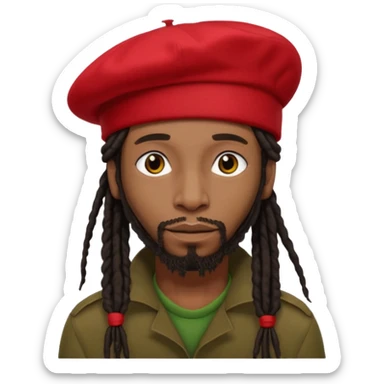 Black man with long black dreadlocks tied back, red beret, reggae style sticker
