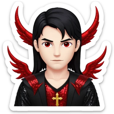 Lucifer from The Bible with red skin, long black hair, black sequin outfit sticker