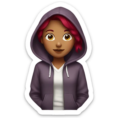 girl with burgundy hair with a hoodie sticker