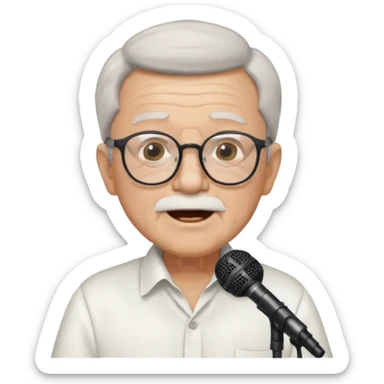 singer, Old man, singing to mic, white shirt glasses sticker