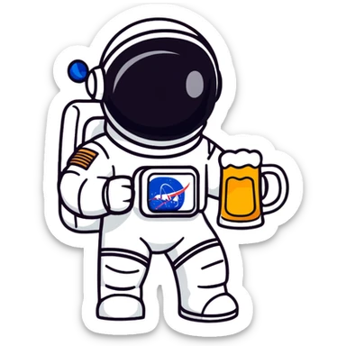 a pint of beer wearing a space suit, astronaut beer glass sticker