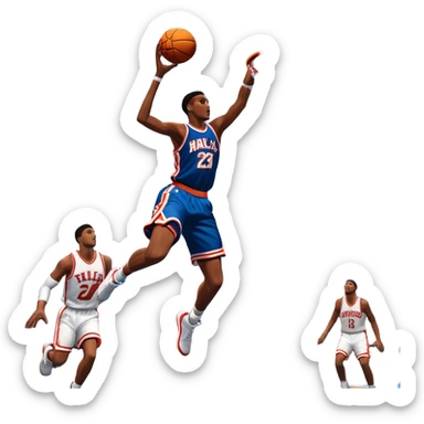 An icon featuring a basketball court with players in action, inspired by NBA 2K25. A player jumps for a dunk, with the ball mid-air. Bright lights illuminate the court, symbolizing the excitement of sports simulation games. Transparent background emphasizes the energy. sticker