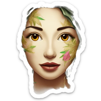  Hemp 420 lady face melting gold drizzle kintsugi multicoloured funky alm leaves tropical made of 420 origami newspaper roses hemp leaves lantern fairy lights paper and hemp leaves in hair sticker