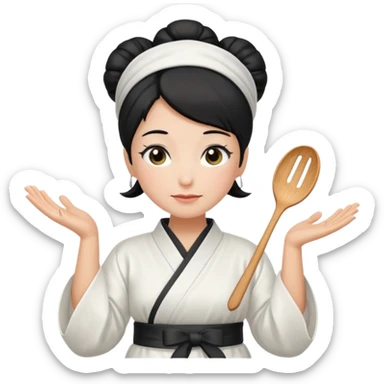 middle age mom with black bun wearing white home kimono and white apron sticker