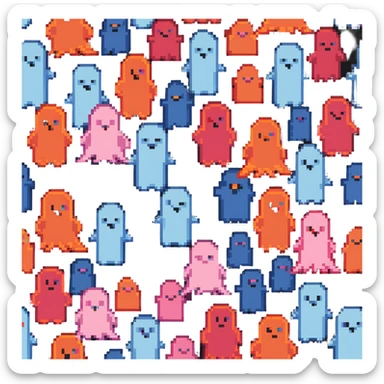 The four classic Pacman ghosts (red, pink, blue, and orange) lined up together sticker