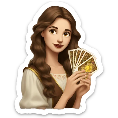 Brown hair beautiful girl with brown tarot gold cards sticker