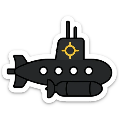A black submarine from World War 2 with a torpedo, emoji style sticker