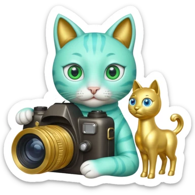 A green cat with blue eyes holds a camera and a gold horse statue  sticker