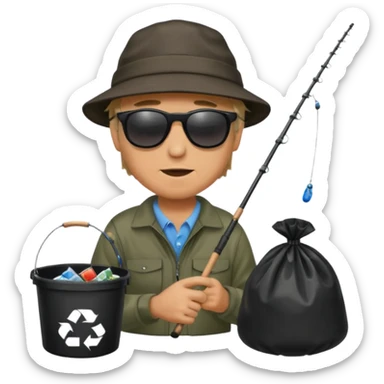 man fishing, caught trash bag on rod sticker