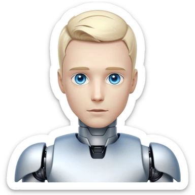 Male humanoid robot with short blond hair, metallic face, digital eyes, sharp jawline, futuristic sticker