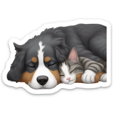 a grey tabby cat sleeping on top of a bernese mountain dog sticker