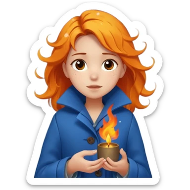 A barefoot girl in a tattered blue coat, cupping a tiny flame gently while snowflakes fall on her hair.
 sticker