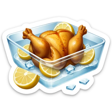 baked chicken with lemon wedges on a large platter, inside a large ice cube sticker
