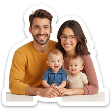 closeup front angle shot of a smiling family with parents and two children, realistic textures, soft lighting, skeuomorphism style sticker