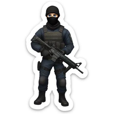 White male, call of duty black mask, tactical gear, camo pants, combat boots, black beanie, blue eyes sticker
