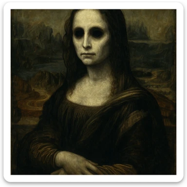 Mona Lisa in an oil painting style, with a ghostly haunting expression, pale skin, and hollow eyes sticker