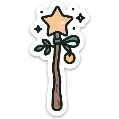A cute and magical wand with an elegant, whimsical design, incorporating a color palette of golden orange (FA9B41), forest green (4A7C5C), soft taupe brown (96775A), and pastel peach (FFCC9A). The wand is slender and slightly curved, made of smooth wood with delicate carvings. At the top, there's a glowing gem or star in peachy tones, surrounded by tiny sparkles. Decorative elements like a ribbon, tiny leaves, or a small charm add a cozy, storybook-like charm. The overall look is gentle, enchanting, and magical, perfect for a forest fairy or a kindhearted young wizard sticker