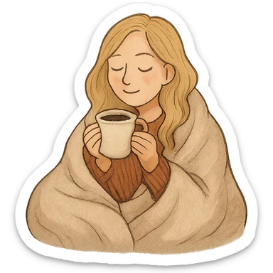 blonde girl cozy under a blanket, sipping coffee, eyes closed, content and warm sticker