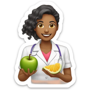 Nutricionista  morena com várias frutas na mão  sticker