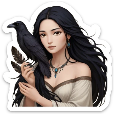 Cinematic Realistic Pocahontas Portrait, depicted with lifelike skin texture, soft natural lighting, and intricately detailed long, flowing raven-black hair that moves gracefully in the wind. Her deep, soulful dark brown eyes exude wisdom and strength, complemented by a serene yet powerful expression. She is shown gently holding a feather in one hand, her other hand resting lightly at her side, embodying the harmonious balance between nature and herself. She is dressed in her classic one-shoulder native American dress, with rich fabric textures and delicate beaded details that catch the light beautifully. The portrait features a soft, sun-kissed glow with a natural, radiant finish, capturing the essence of untamed beauty and deep connection to nature in a realistic and painterly style, evoking a sense of depth and authenticity. sticker