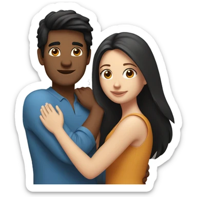 Friends hugging each other. Indian man with black hair. White woman with blue eyes and long brown hair sticker