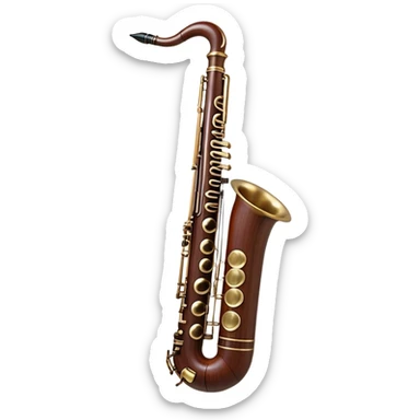 Create a detailed and elegant emoji representing a bassoon. The design should showcase the long, slender wooden body of the bassoon with its distinct curves and metal fittings. Highlight the keywork and metal rings around the joints, with subtle light reflections on the wood to give it a polished appearance. The top of the bassoon should have the characteristic metal bell, and the reed should be clearly visible at the mouthpiece. Use warm wood tones like deep brown and mahogany for the body, with silver or brass accents for the metal parts. Add soft musical notes or soundwaves around the instrument to evoke its rich, deep sound. The background should be transparent. sticker