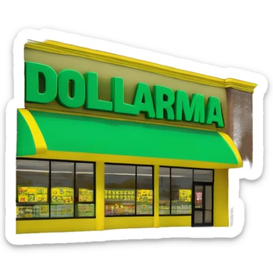 “Exterior of a Dollarama store with the bright green facade, bold yellow Dollarama sign, large front windows, and entrance doors, capturing the look of a budget-friendly retail store.” sticker