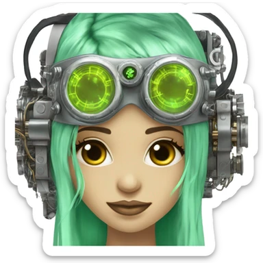 Light green long hair female cyborg head with silver steampunk goggles as a headband, circuits sticker