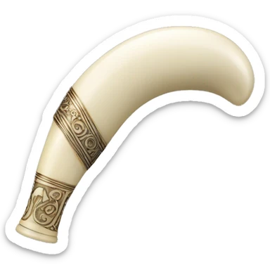 a long, slightly curved horn made from ivory , pale and polished to a soft shine  with a natural, ancient feel. Near the mouthpiece and the end, there are smooth silver bands, each engraved with intricate designs. sticker