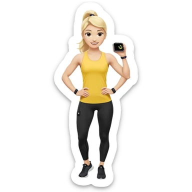 Sporty blonde woman in yellow top and black leggings, showing bicep, smiling, with wireless earbud and Apple Watch sticker