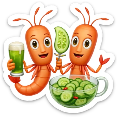 Create a modern emoji-style illustration of two shrimp characters, friendly and cool, slightly cartoon but stylish, not childish.
They are toasting (‘salud’), one shrimp holding a beer mug with aguachile topping, the other holding a fresh aguachile bowl with cucumber and chili.
  sticker
