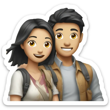 Attractive young  Asian couple excitedly traveling  sticker